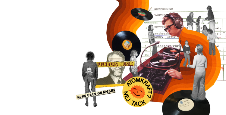 Collage med LP skivor och 70-tals mönster i orange