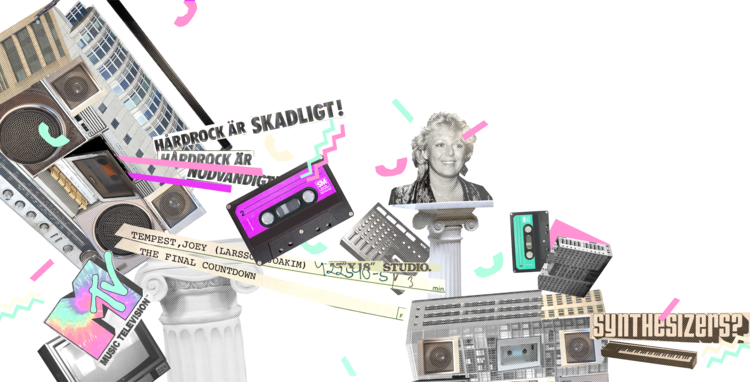 Illustration på ett collage med neonfärger, kasettband och en boombox