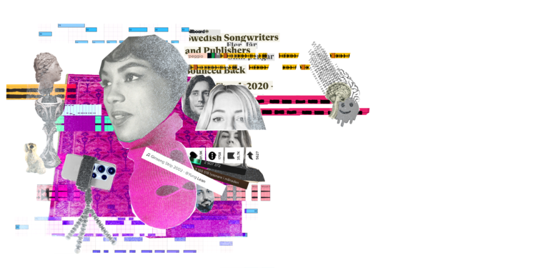Illustartion av ett collage med massa ansikten, rosalila färg och en iPhone